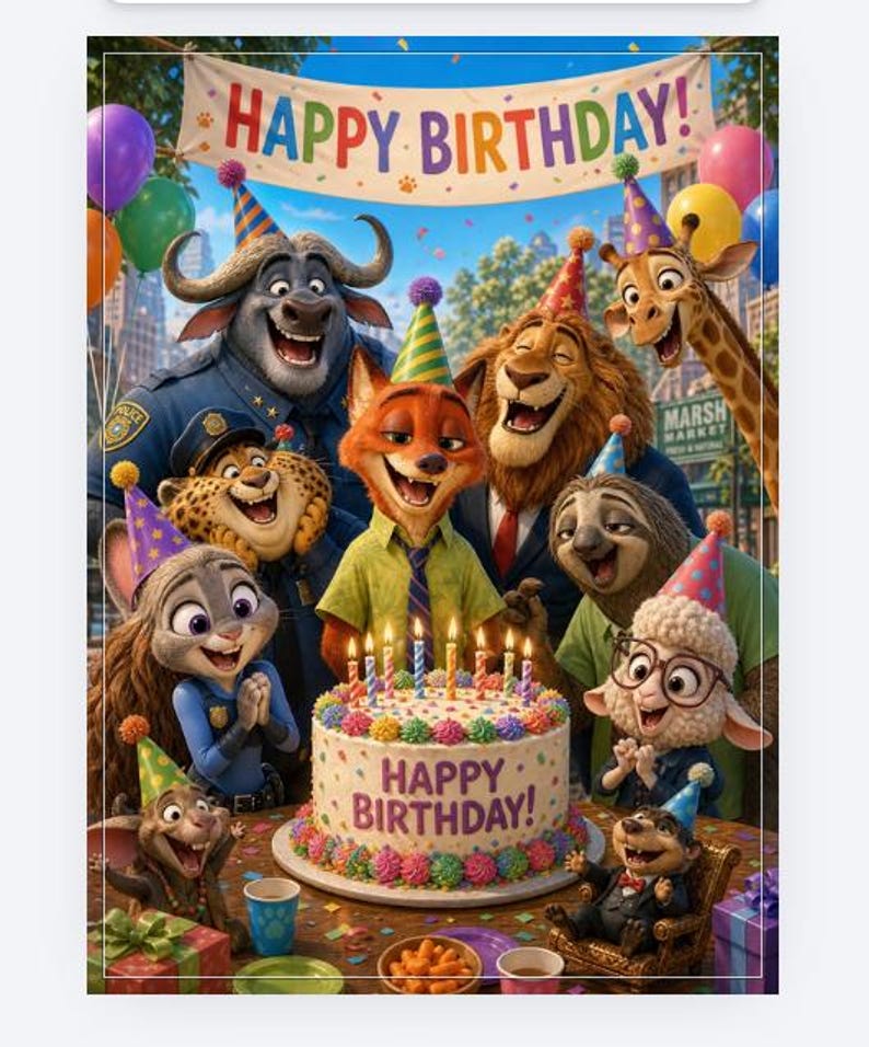 May include: A colorful birthday scene featuring characters from Zootopia. A banner reads "HAPPY BIRTHDAY!" above a group of animated animals, including a fox, lion, and giraffe, gathered around a decorated cake with lit candles. Balloons and party hats add to the festive atmosphere.