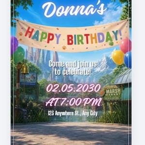 May include: A birthday invitation with a banner that reads "Donna's HAPPY BIRTHDAY!" against a backdrop of a fantasy landscape. The invitation includes the date, time, and location: 02.05.2030 at 7:00 PM, 123 Anywhere St., Any City.