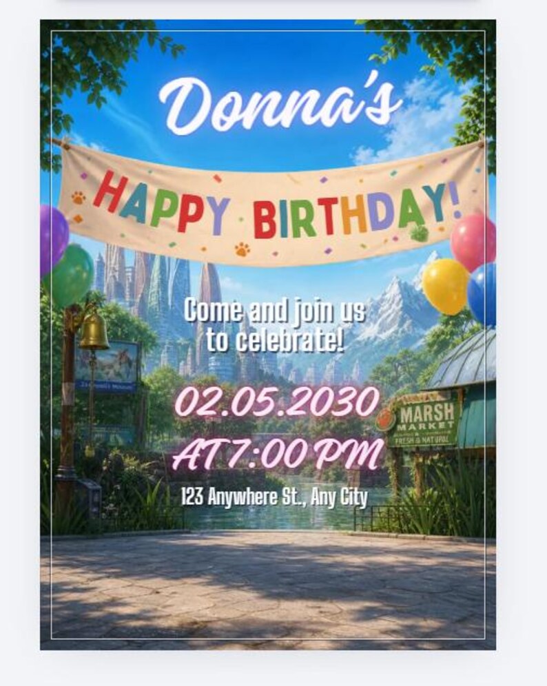 May include: A birthday invitation with a banner that reads "Donna's HAPPY BIRTHDAY!" against a backdrop of a fantasy landscape. The invitation includes the date, time, and location: 02.05.2030 at 7:00 PM, 123 Anywhere St., Any City.