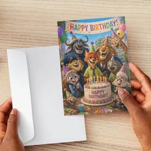 May include: A birthday card featuring characters from Zootopia, with a cake and the words "Happy Birthday!". The card is held next to a white envelope on a light wood surface. A pink pen and a red flower are also visible.