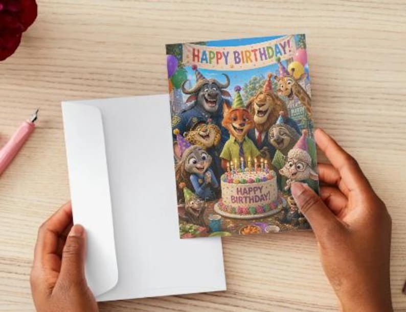 May include: A birthday card featuring characters from Zootopia, with a cake and the words "Happy Birthday!". The card is held next to a white envelope on a light wood surface. A pink pen and a red flower are also visible.