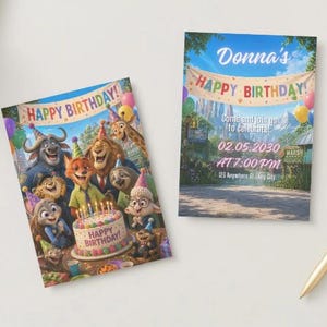 May include: Two colorful birthday invitations featuring characters from a popular animated movie. One invitation displays a group of characters around a cake. The other invitation has the text "Donna's Happy Birthday!" with event details.