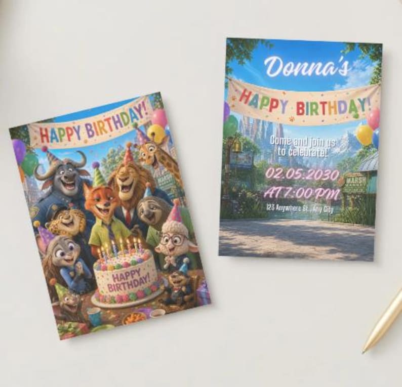 May include: Two colorful birthday invitations featuring characters from a popular animated movie. One invitation displays a group of characters around a cake. The other invitation has the text "Donna's Happy Birthday!" with event details.