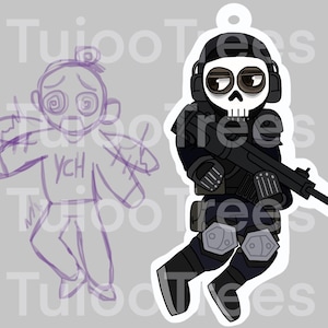 May include: A die-cut sticker featuring a cartoon skull soldier in black tactical gear, holding a rifle. Next to it is a purple sketch of a person with the text "YCH". The background is a light gray.