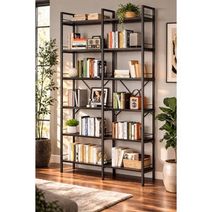 6 Tier L Shaped Bookshelf | Rustic Wood Metal Corner Storage Bookcase