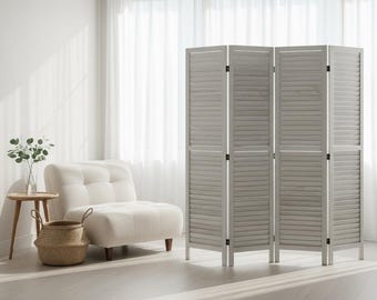 Wooden Folding Room Divider, Portable Privacy Screen, Louvered Panels, Bedroom Office Partition