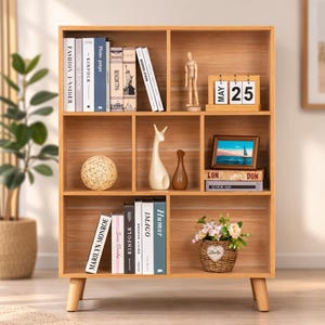 May include: A light brown wooden bookshelf with multiple compartments. The shelves are filled with books, decorative items, and a small potted plant. A wooden calendar displays "MAY 25". The bookshelf has four wooden legs.