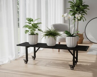 Metal Plant Stand with Wheels, Heavy Duty Rolling Plant Holder for Indoor & Outdoor, Long Window Plant Shelf, One Tier Metal Flower Pot