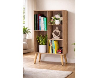 Small 3 Tier Mid-Century Modern Wooden Bookcase with Legs, Narrow Storage Shelf