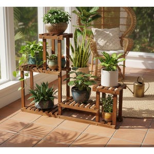 Plant Stand Indoor Multi Tier | Wooden Corner Plant Shelf Holder | Outdoor Plant Rack 9 Pots | Tall Flower Pot Stand Display | Living Room