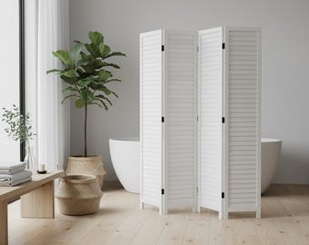 Folding Room Divider Screen: White Wood Privacy Panel, Boho Décor, Freestanding Partition