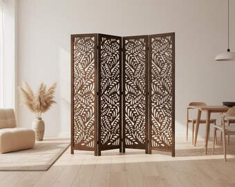 Room Divider Screen - Leaf Carved Wood Privacy Screen, Folding Partition Wall Divider for Bedroom & Living Room - Decorative Wooden panels