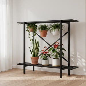 May include: A black metal plant stand with multiple shelves, holding various potted plants. The plants include ferns, snake plants, and flowering plants in terracotta and white pots. The stand is in a bright room with a window and white curtains.