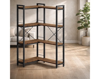 L-Shaped Bookshelf, 8-Shelf Industrial Metal Bookcase, Rustic Modern Storage (49.4” Wide)