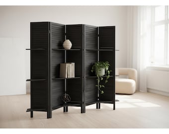 Room Divider with Shelves, Folding Room Divider Screen, Wooden Privacy Screen, 4 Panel Partition Wall, Decorative Boho Room Divider