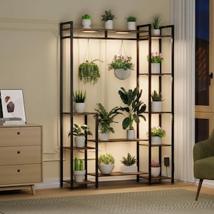 Plant Stand Indoor with Grow Lights, 11 Tier Tall Plant Shelf, Wooden & Metal Plant Rack, Multi Tier Flower Pot Holder, Corner Plant Display
