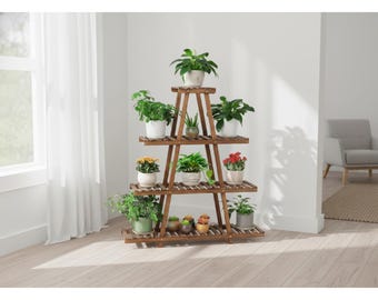 Plant Stand Indoor Outdoor 4 Tier Wooden Plant Shelf, Tall Multi Tier Plant Stand, Flower Pot Holder Rack, A Frame Plant Display Stand