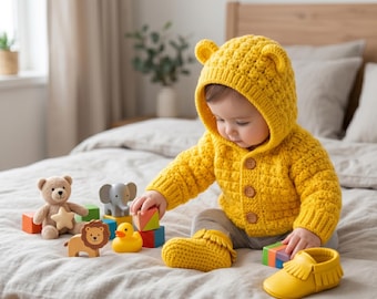 Patrón de sudadera con capucha de osito de ganchillo para bebé, cárdigan para recién nacido (descarga en PDF)