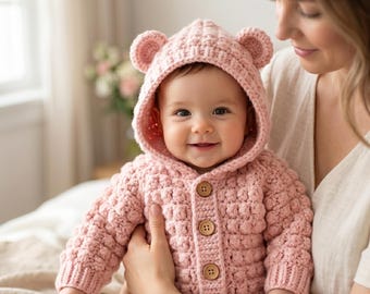 Crochet Baby Bear Hoodie Pattern, Newborn Sweater Cardigan (PDF Download)