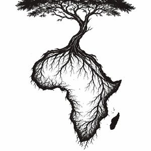 Peut inclure: Illustration en noir et blanc d'un arbre dont les racines forment le continent africain. Les branches et les feuilles de l'arbre sont en haut, tandis que les racines dessinent le contour du continent.