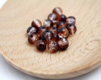 Dark Brown & Crystal 2-tone Beads - 6mm Round Crackle Glass Beads - 20pcs - 1mm Hole - BWN0113