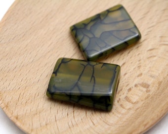Olive Green Dyed Dragon Vein Agate Rectangle Gemstone Beads - 24x19mm - 2pcs - 1.5mm Hole -  GRN0361