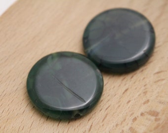 Dark Green Dyed Dragon Vein Agate Coin Gemstone Beads - 25x5mm - 2pcs - 2mm Hole -  GRN0357