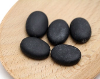 Matte/Frosted Black Onyx Puffed Oval Gemstone Beads - 20x15mm - 5pcs - 1mm Hole -  BLK0110