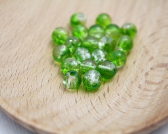 Lime Green & Crystal 2-tone Beads - 6mm Round Crackle Glass Beads - 20pcs - 1mm Hole - GRN0308