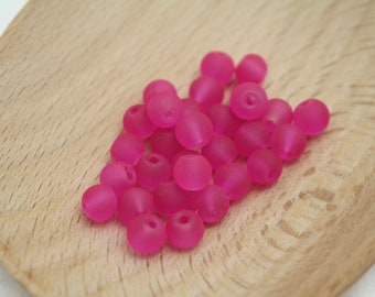 Hot Pink Frosted Glass Beads - 6mm Round - 1mm Hole - 30pcs - PNK0045