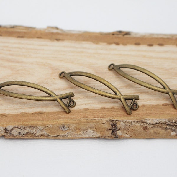 Antique Bronze Jesus Fish Bracelet Connectors - 49x10mm - 3pcs - 1.2mm Holes CHR0386