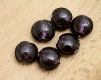 Dark Purple Foiled Glass Beads - Puffed Coin Beads - 6pcs - 12x8mm - 1.6mm Hole - PPL0073