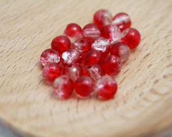 6mm Round Crackle Glass Beads - Cardinal Red & Crystal - 20pcs - 1mm Hole - RD0114