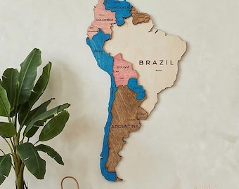 3D Wooden South America Map Wall Art, Birch Plywood Travel Decor