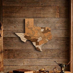 Art mural en bois 3D carte de l'état du Texas | Décoration murale Texas | Carte du Texas en bois | Décoration Lone Star State | Cadeau Texas | Cadeau 5e anniversaire