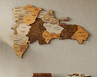 3D Holz Dominikanische Republik Karte Wandkunst, Birkensperrholz Reisedekor, Geschenk zum 5