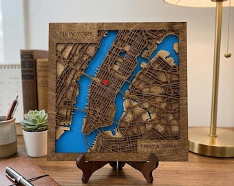 3D Wooden New York City Map | Personalized Gift, Dark Walnut Wood Oil Finish