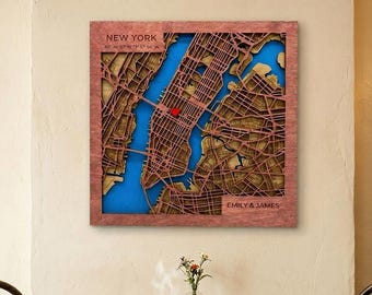 3D Wooden New York City Map Wall Art, Rosewood Finish, Personalized Travel Gift