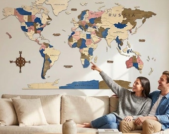 3D Wooden World Map Wall Art | Birch Plywood Travel Decor (Flag Pins Included)