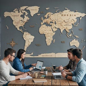3D Birch Wood World Map Travel Tracker | Handcrafted Wall Decor, Office Home Art