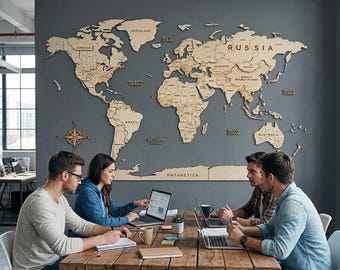 Travel Tracker with Flag Pins | 3D Birch Wood World Map | Large Decor for Office & Home | Handcrafted Wall Decor | Unique Wedding Gift