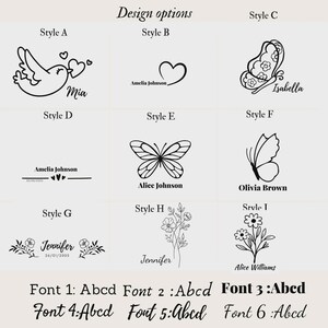 Puede incluir: Una tabla de opciones de dise&ntilde;o con nueve ilustraciones de l&iacute;neas negras etiquetadas de Style A a Style I, que incluyen p&aacute;jaros, corazones, mariposas y motivos florales con nombres de muestra. Seis fuentes distintas se muestran como Abcd.