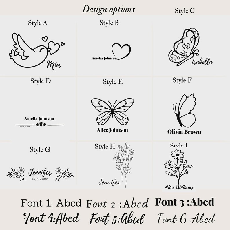 Puede incluir: Una tabla de opciones de dise&ntilde;o con nueve ilustraciones de l&iacute;neas negras etiquetadas de Style A a Style I, que incluyen p&aacute;jaros, corazones, mariposas y motivos florales con nombres de muestra. Seis fuentes distintas se muestran como Abcd.