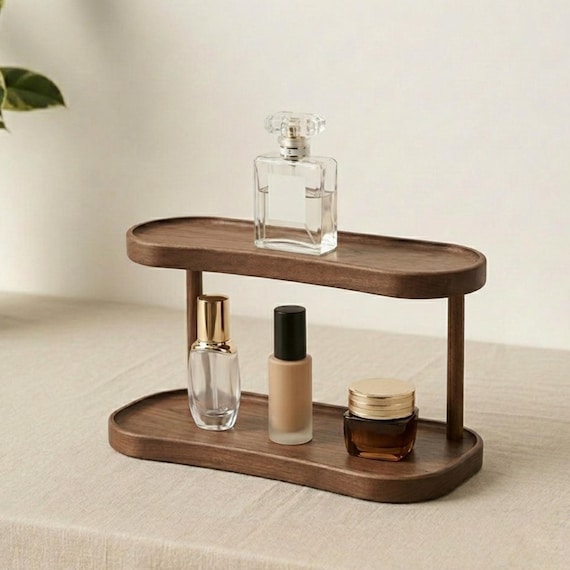 Wooden 2Tier Shelf, Minimalist Vanity Skincare Display, Bathroom Organizer, Unique Wood Gift, Custom Wood Case, Two Tier Shelf Makeup Holder