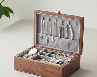 Double-Layer Walnut Jewelry Box with Engraving, Elegant Jewelry Box, Ring & Necklace Organizer, Watch Storage, Luxury Gift for Her