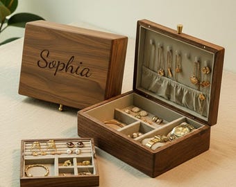 Double-Layer Walnut Jewelry Box, Personalized Luxury Ring Organizer with Necklace Hooks & Watch Storage, Elegant Brass Accents, Mom Gift