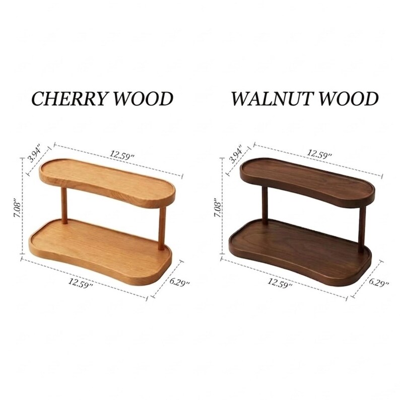 May include: Two-tiered wooden display shelf in cherry and walnut. The cherry wood shelf is light brown, and the walnut wood shelf is dark brown. Each shelf is 12.59 inches long, 6.29 inches wide, and 7.08 inches tall.