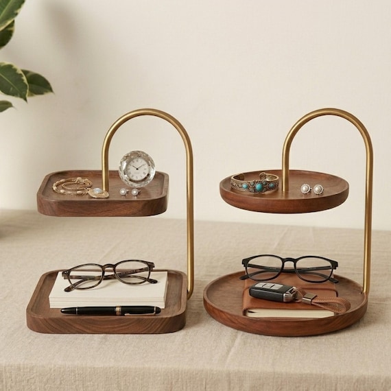 Solid Walnut Wood Jewelry Organizer, Minimalist Tiered Tray, Modern Desk Valet for Accessories, Luxury Entryway Decor, Jewelry Display Stand