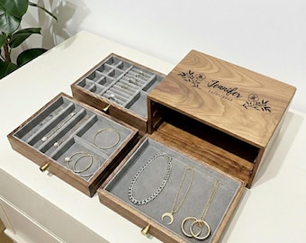 Custom Large Jewelry Box with Drawer | Luxury Standing Jewelry Organizer Case | Personalized Wood Wedding Gift for Mom, Best Friend Idea