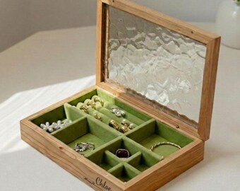 Engravable Wooden Jewelry Box with Glass Lid, Personalized Ring Organizer, Vintage Jewelry Box, Bridesmaid Gift, Mother’s Day Gift for Her